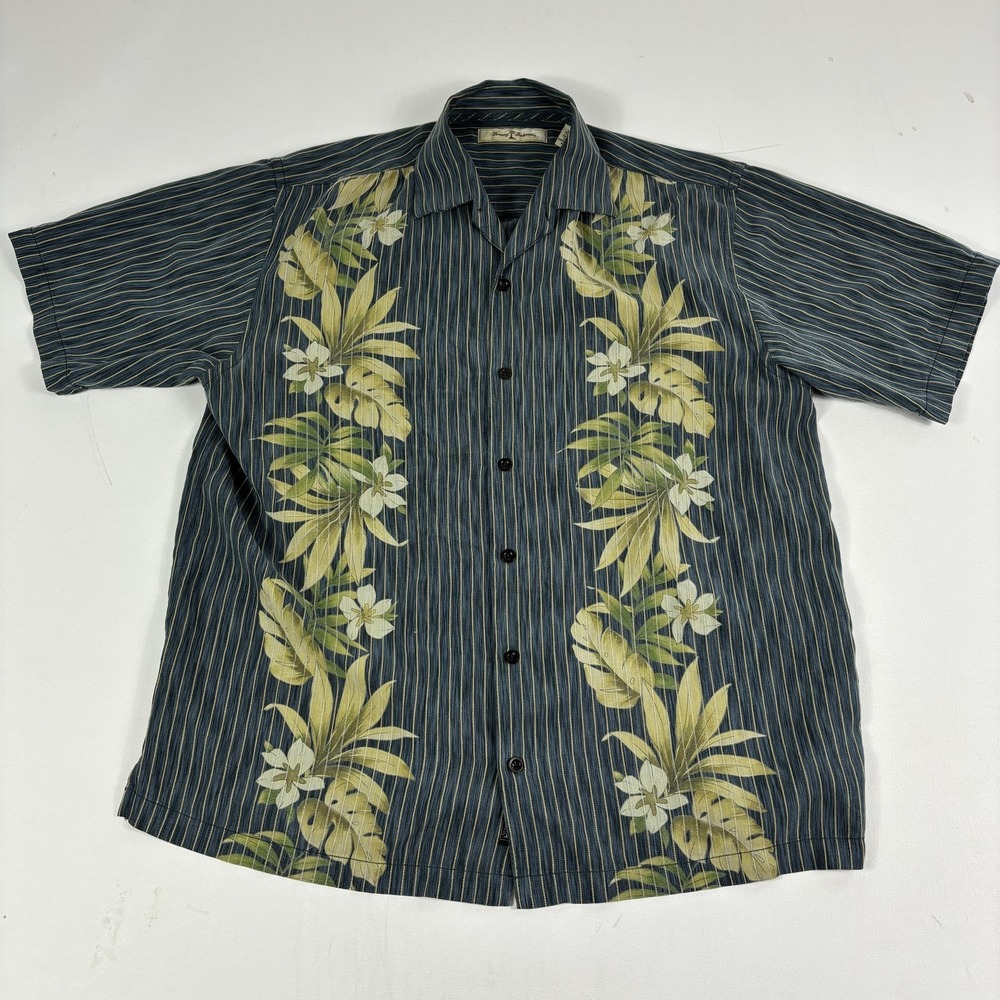 Tommy Bahama Shirt‎ Mens L Blue Floral Stripe Hawaiian Short Sleeve Button Front